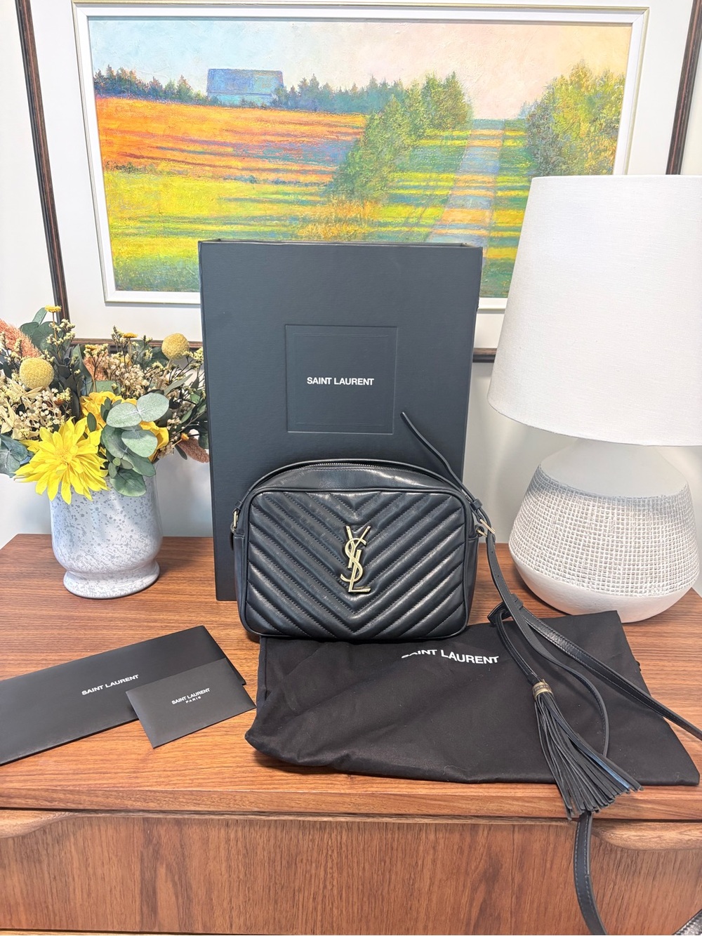 Saint Laurent Black Quilted Leather Crossbody Camera Bag with Gold YSL